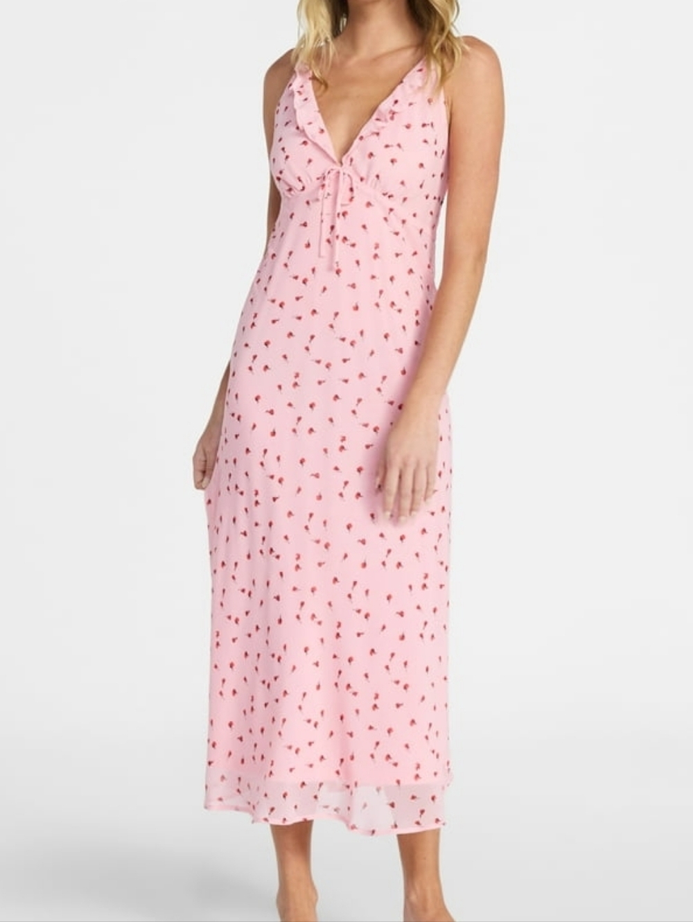 No Boundaries Pink Ruffle  Frilly Red Poppy Floral Tie-Front Slip Dress-Size: 16